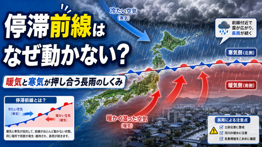 停滞前線が暖気と寒気の押し合いで動かず、長雨をもたらす仕組みを日本列島と雨雲で解説した画像