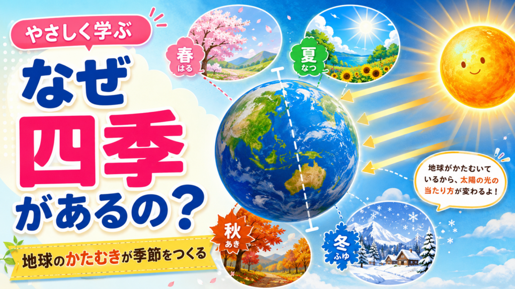 地球のかたむきによって春夏秋冬の四季が生まれる仕組みを、太陽と地球の図でわかりやすく示した画像