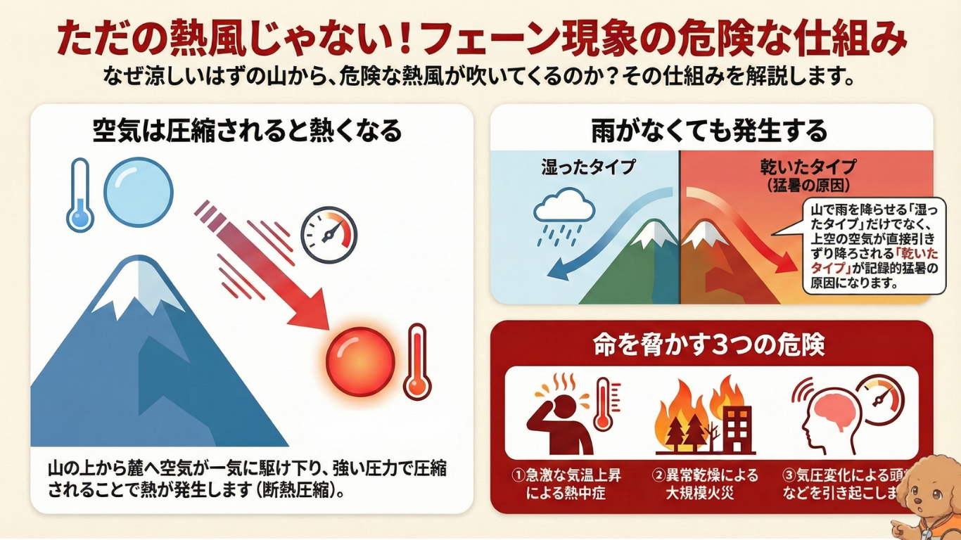 フェーン現象の仕組みと危険性を解説する図解。空気の圧縮による昇温、湿潤タイプと乾燥タイプの発生過程、熱中症・大規模火災・気圧変化による体調不良など三つのリスクを示した防災インフォグラフィック