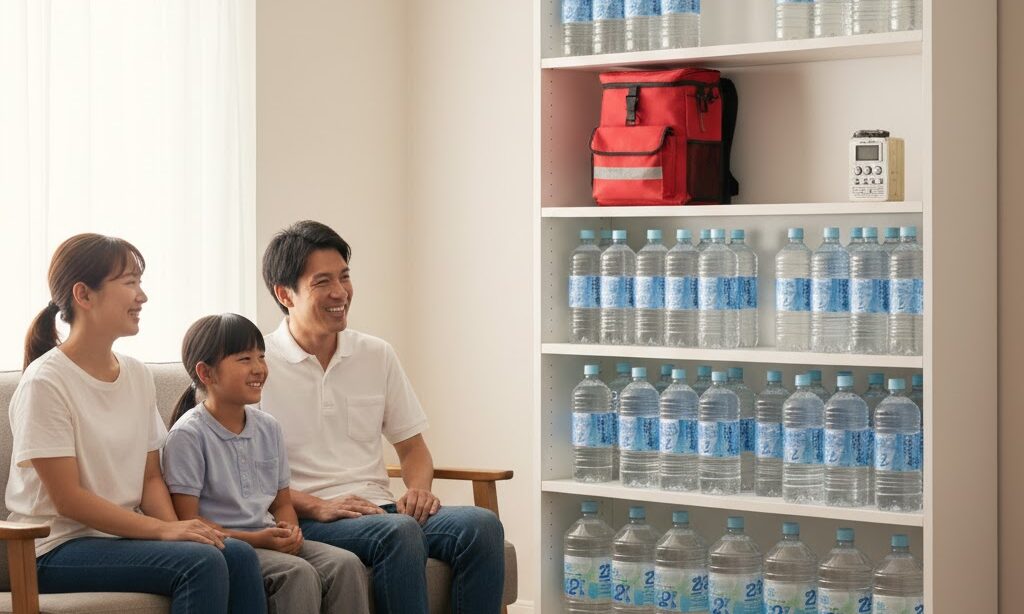 家庭で水の備蓄が整い、防災グッズと共に安心して過ごす家族の実写風イメージ