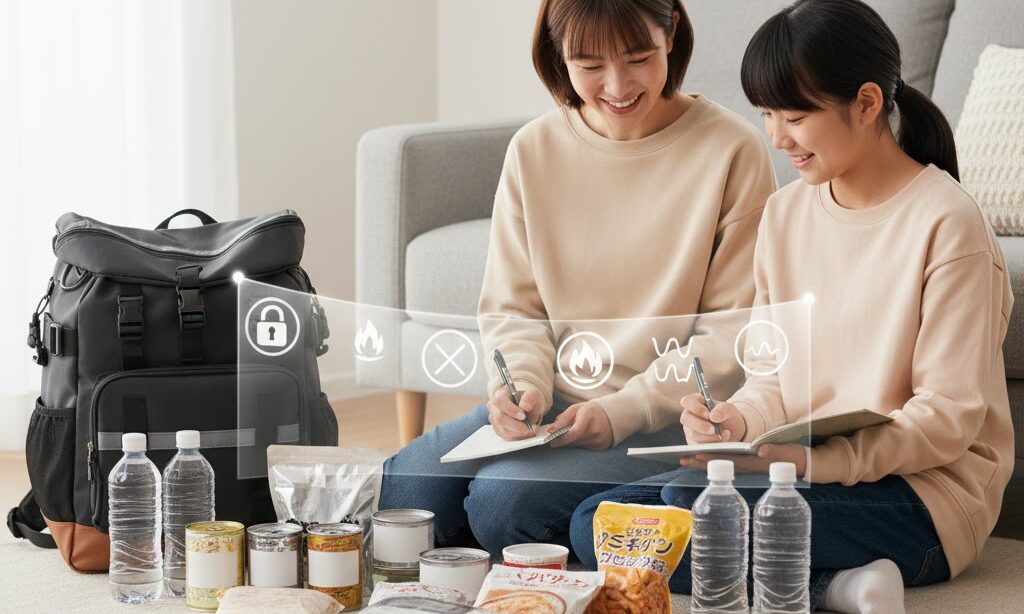 防災リュックと保存食が並ぶ家庭のシーン。ローリングストックや非常食の備えをイメージした写真。