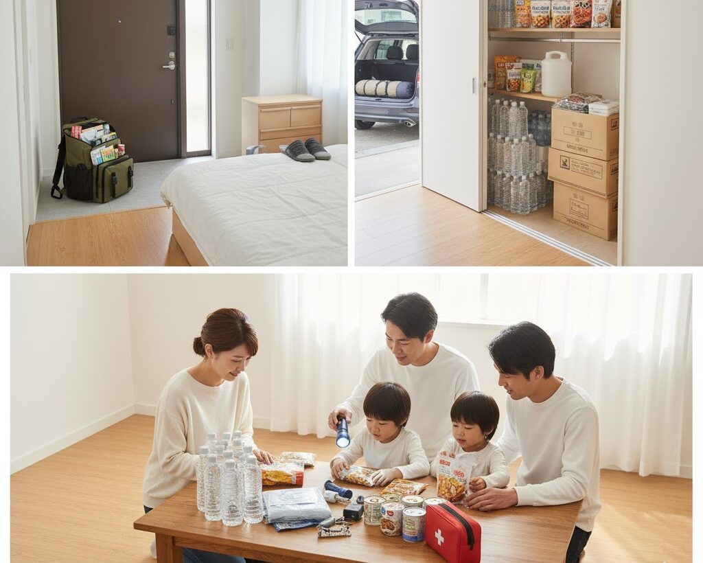 防災グッズを玄関・寝室・物置などに分散収納し点検する日本人家族