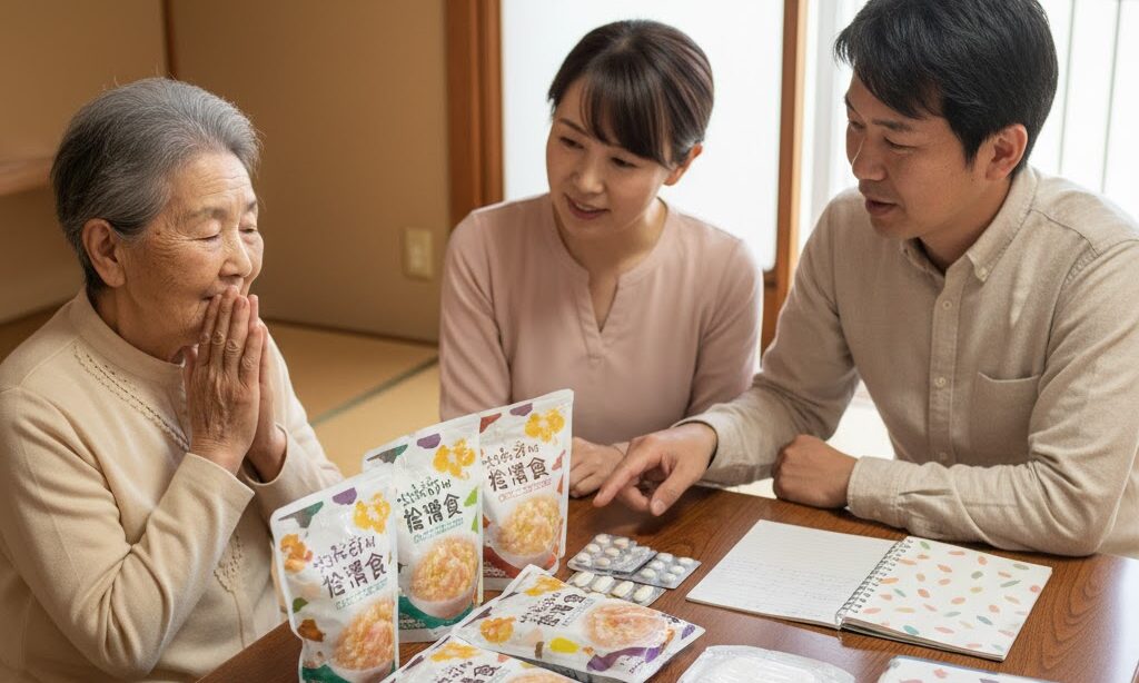 高齢者のための介護食や医療用品を防災備蓄として家族がそろえている様子の写真