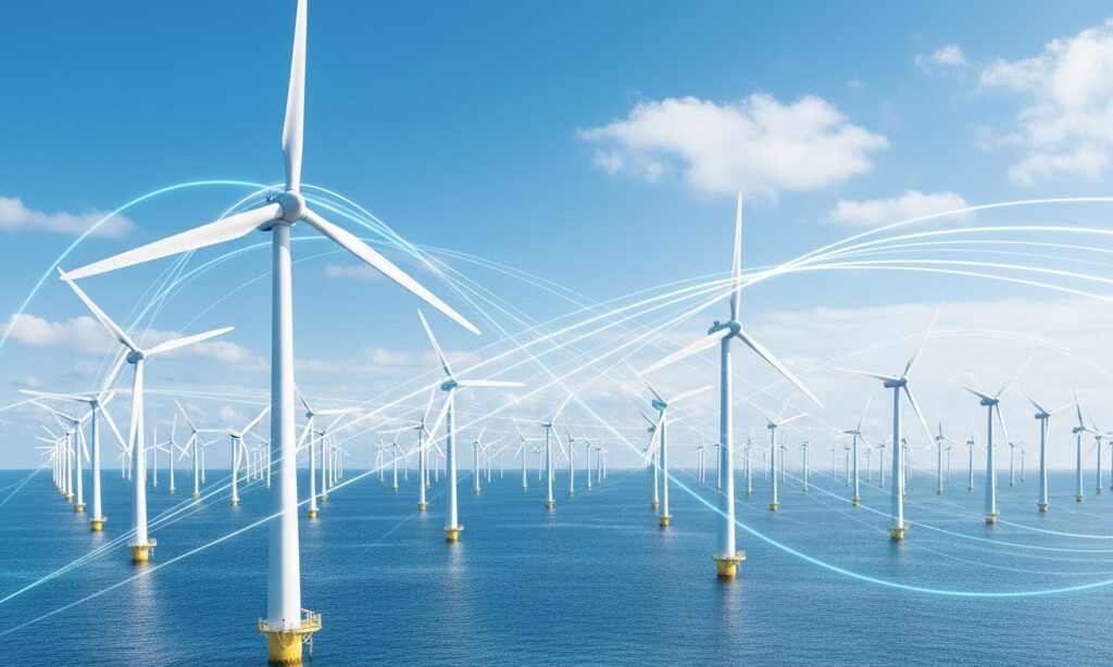 日本のエネルギー戦略を象徴する大規模洋上風力発電の実写風イメージ
