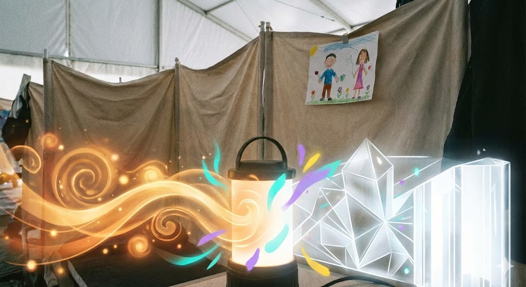 LEDランタンが白色光と暖色光を切り替えて照らす避難生活の実写風イメージ