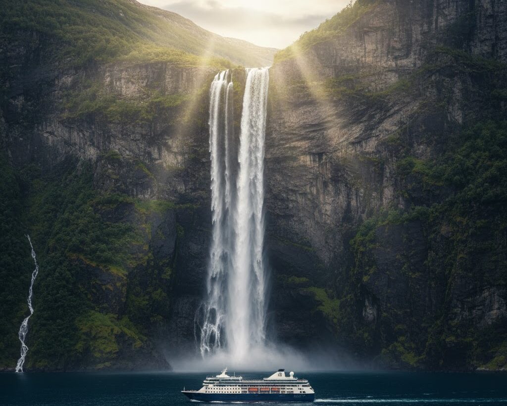 ノルウェーでフィヨルドが有名な理由を示す、断崖と滝の景観写真