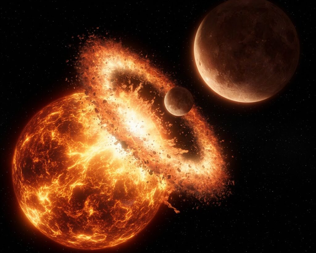 巨大衝突で月が誕生したとされるジャイアントインパクト説のイメージ