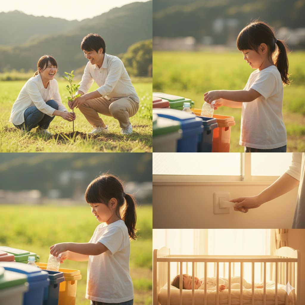 砂漠化防止のためにできる行動を表すイメージ|植林や省エネ活動