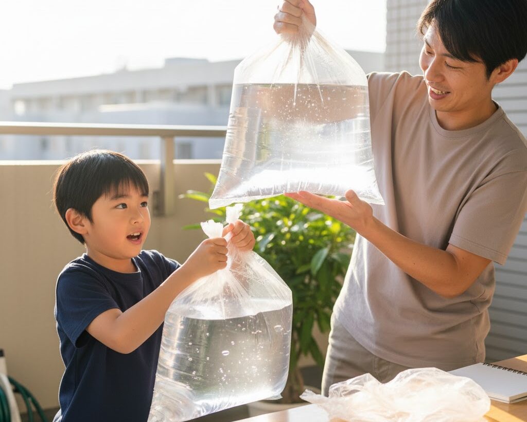 子どもが水のうを持ち上げて水の重さを体感しながら防災を学ぶ場面