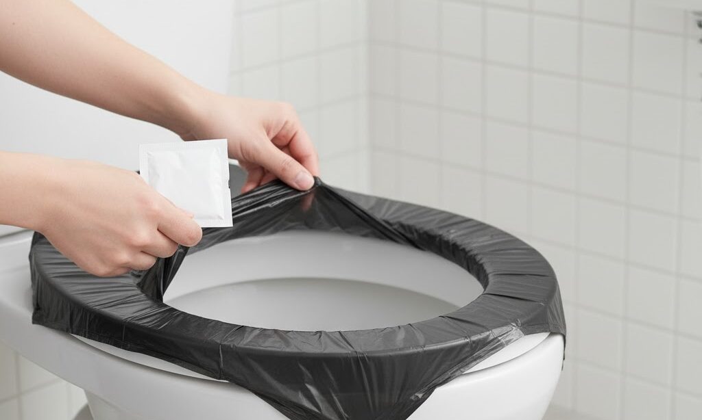 携帯トイレを準備する手元の写真 便座にセットして使い方を学ぶ実写風イメージ