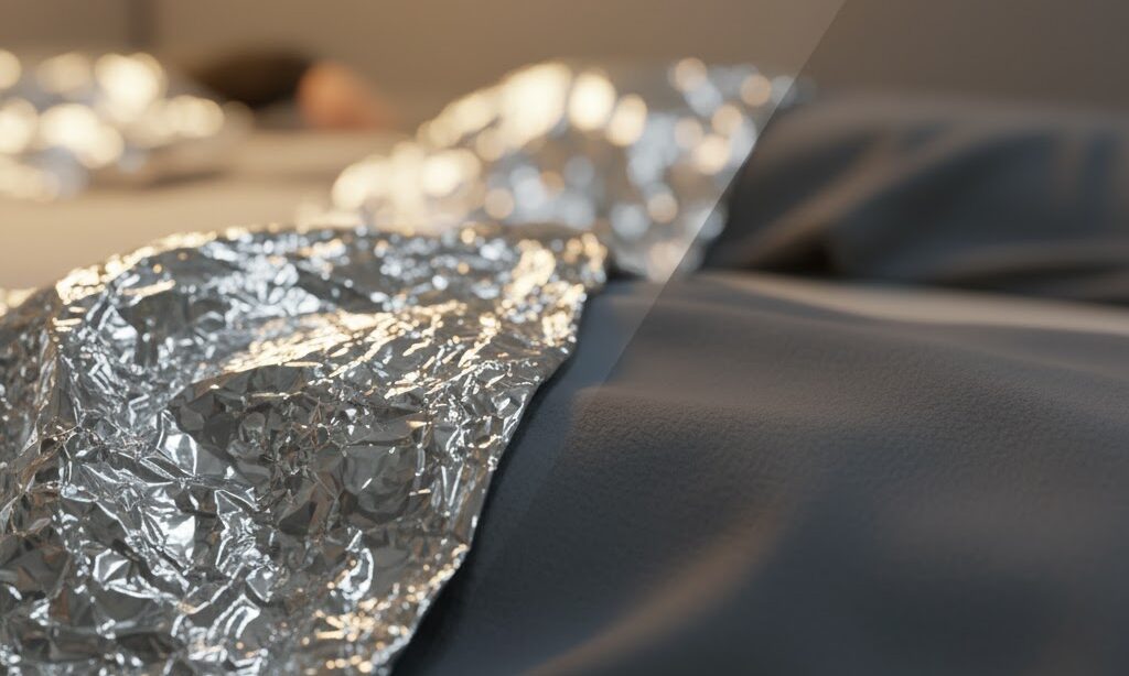 硬い素材と柔らかい静音素材を比較する構図 避難所で静かに休めるアルミブランケットの改良型を示す写真