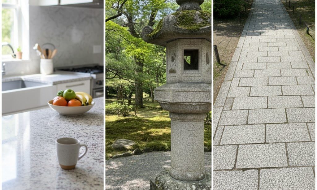 御影石のカウンターや庭の石畳など、花崗岩が使われる日常シーンの実写風画像。素材の特徴と利用例を紹介。