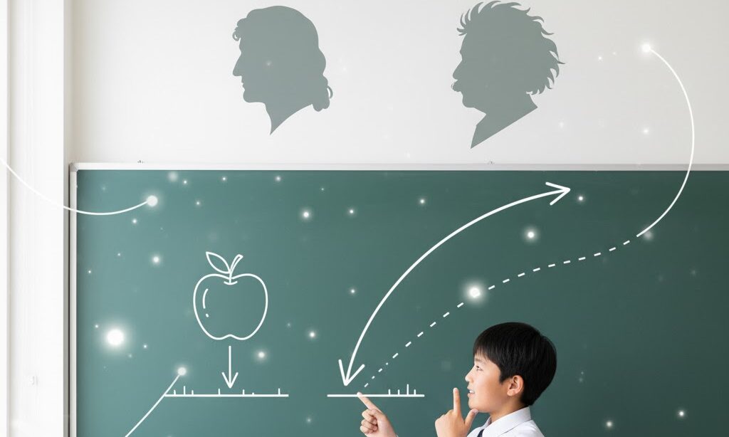 黒板の前で重力の歴史を学ぶ中学生と抽象的な偉人シルエットの実写風構図