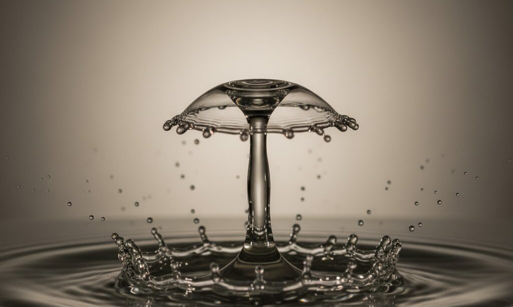 水面にものが落ちた時に水が跳ね上がる様子