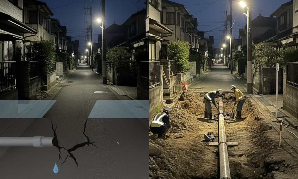 地震後の住宅街と水道管修理の様子を対比した実写風イメージ。水道復旧の遅れを表す構図