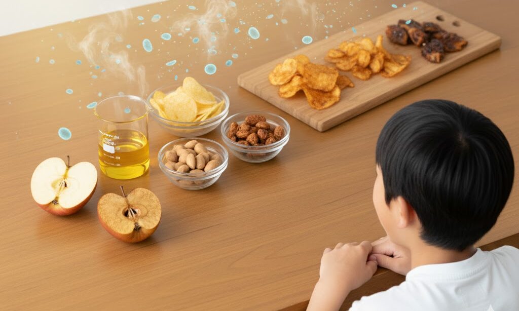 リンゴの変色や油の酸化をイメージした実写風写真。食品が酸化で劣化する様子を表した構図。