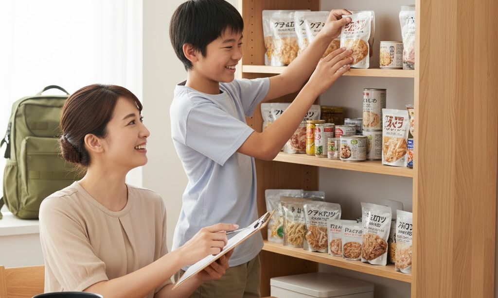ローリングストックで食品備蓄を入れ替える日本人親子の防災準備シーン