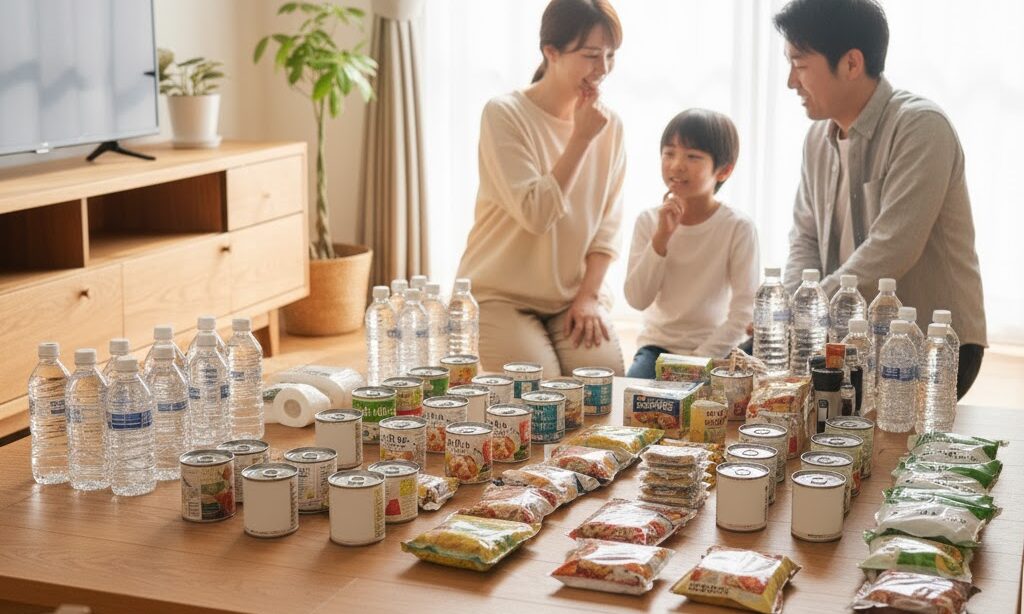 3日分と1週間分の防災備蓄量を比較しながら家族が必要量を話し合っている場面の写真