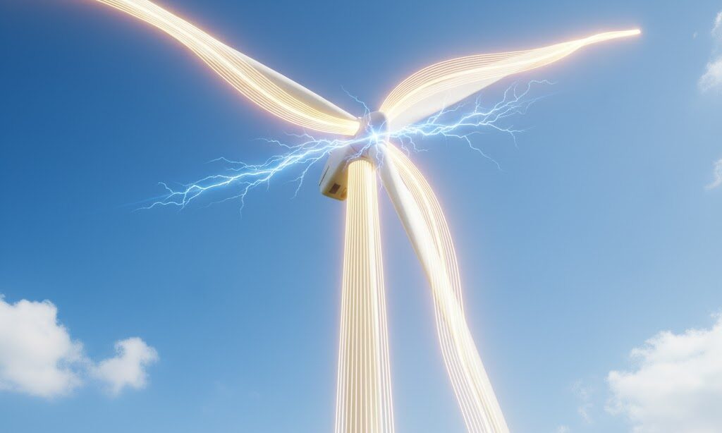 増速機と発電機の働きを抽象的に示した風力タービンの実写風イメージ