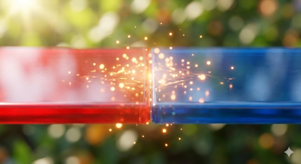 赤と青の半透明プレートが接する境界に光粒が集まるPN接合の抽象イメージ