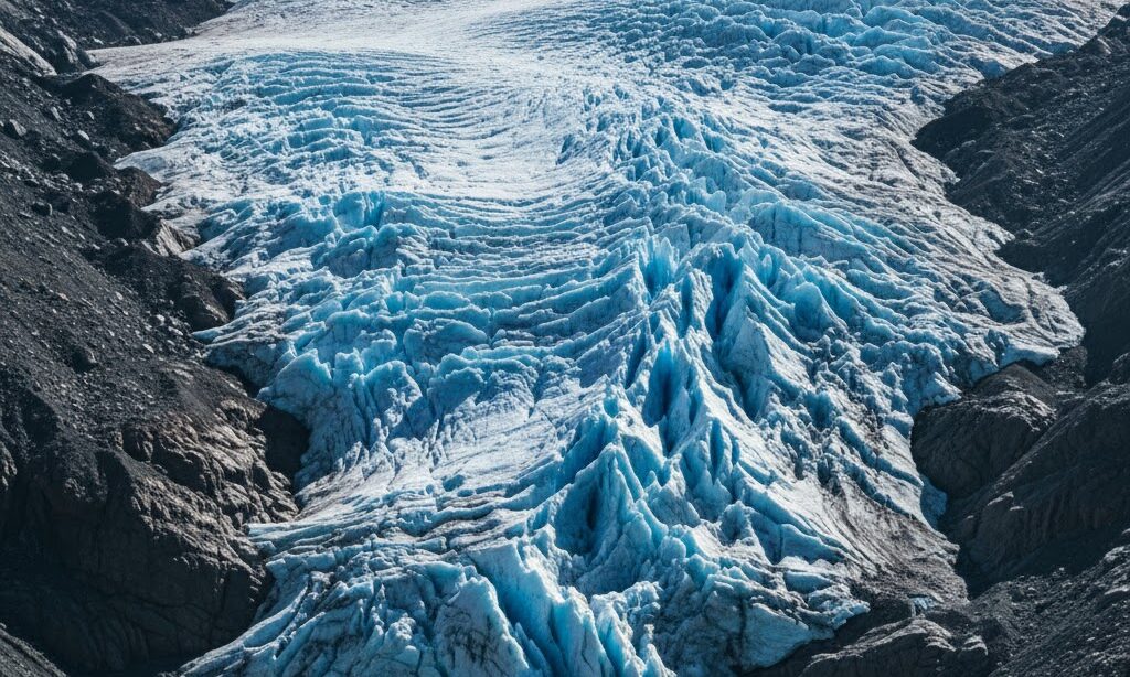 氷河がフィヨルドのでき方の主役であることを示す、谷を流れる巨大な氷河の写真