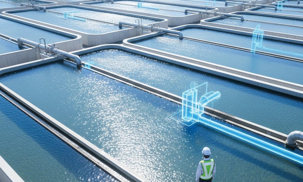 "浄水場で水をきれいにする工程を見学する技術者 ろ過や消毒の仕組みを学ぶ実写風イメージ"