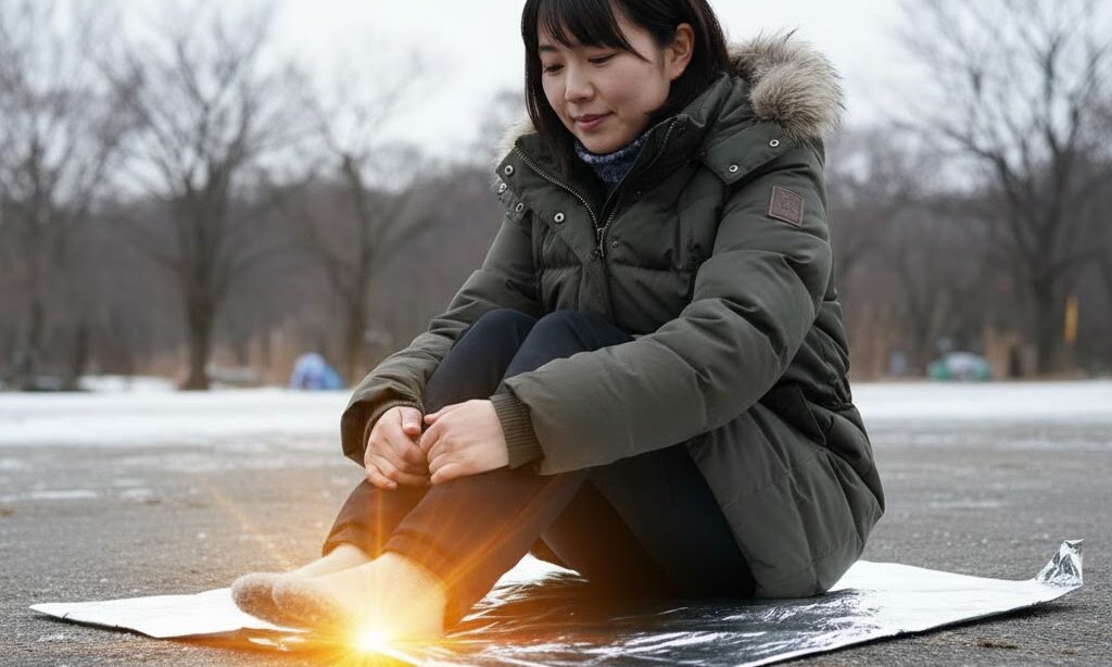 冷たい地面にアルミブランケットを敷いて座る人 熱の伝導を防ぐ断熱の仕組みを学ぶ理科的イメージ