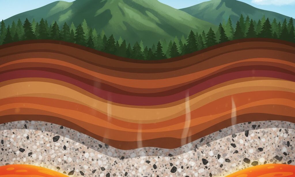 地表の下でマグマが固まり花崗岩ができる場所をイメージした地下断面の実写風構図。地層とマグマの関係を示す。