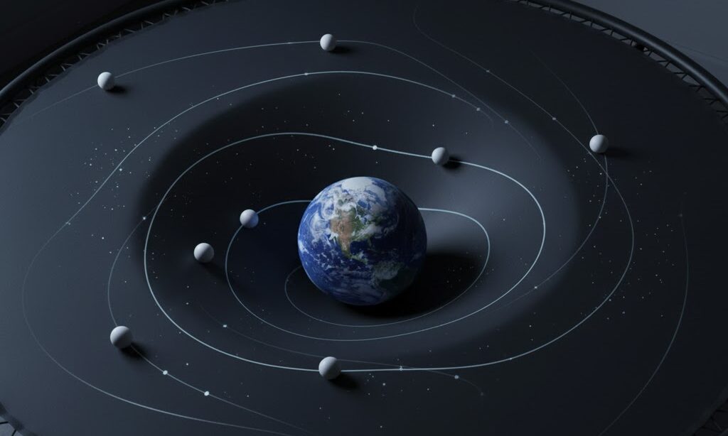 布がくぼんだ上に置かれた地球模型で時空の歪みを表現した実写風構図