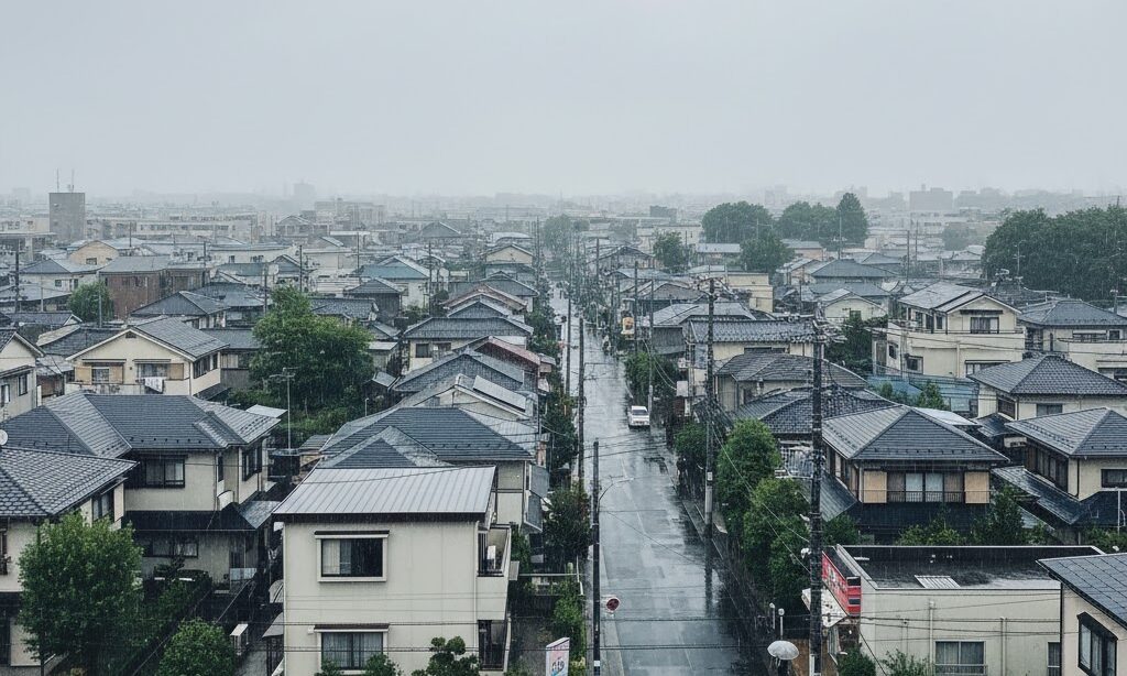 停滞前線による長雨で曇り空が続く日本の住宅街の写真風イメージ