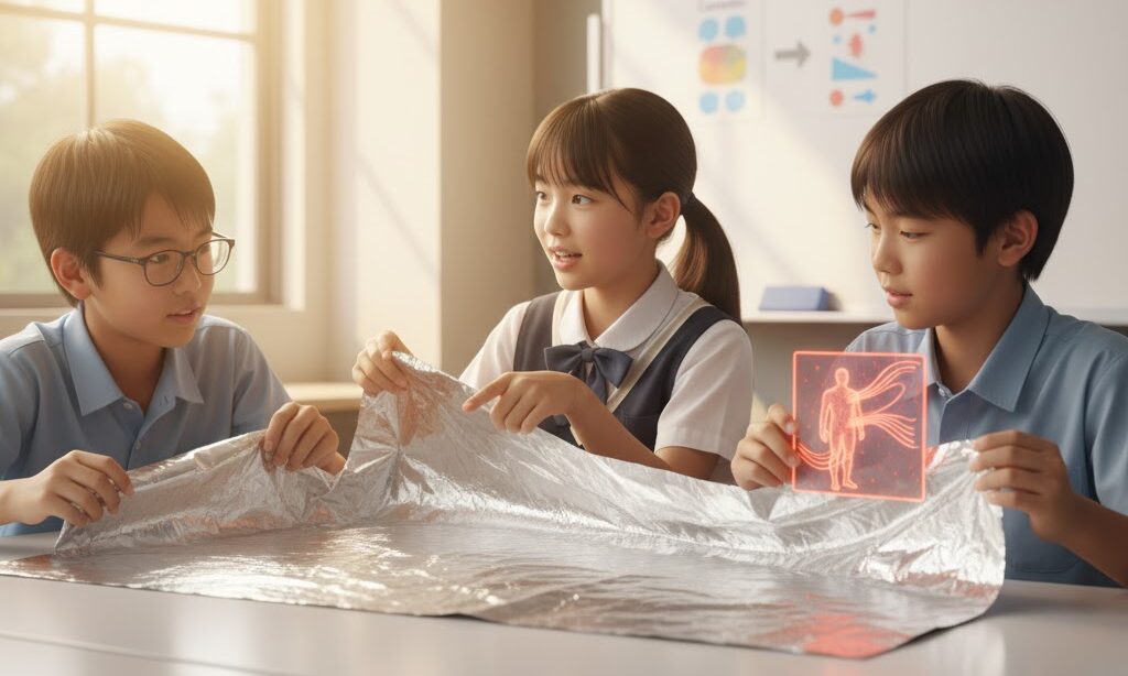 中学生がアルミブランケットについて勉強している様子