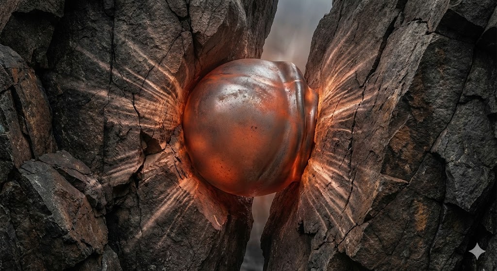 地球中心の強い圧力を光と歪みで表現した図