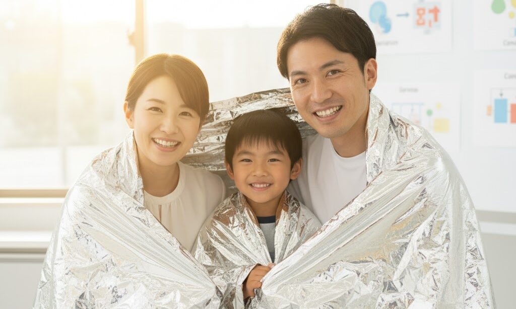 アルミブランケットに包まれた家族が朝の光の中で笑顔で過ごすシーン 防災と理科の学びを総括する実写風イメージ
