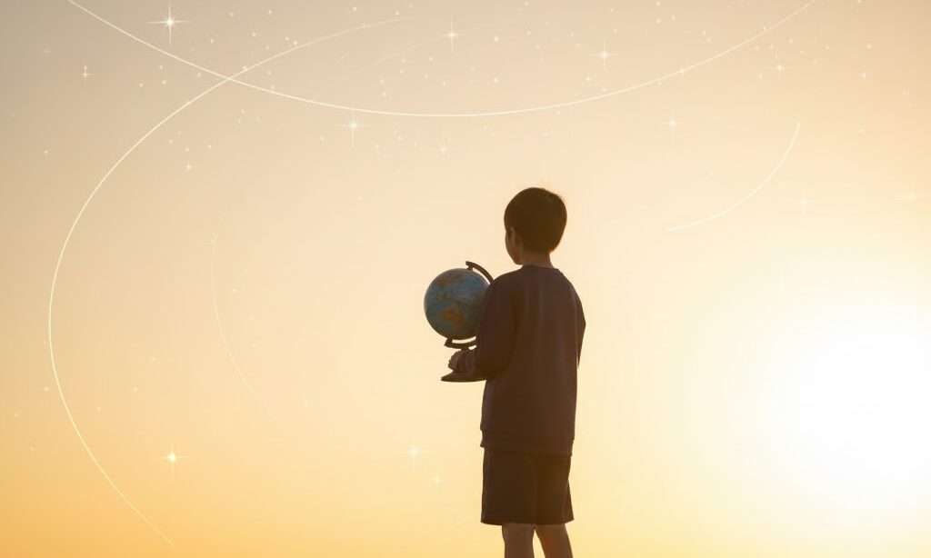 丘の上で地球儀を抱え重力の理解を振り返る中学生の温かい実写風イメージ