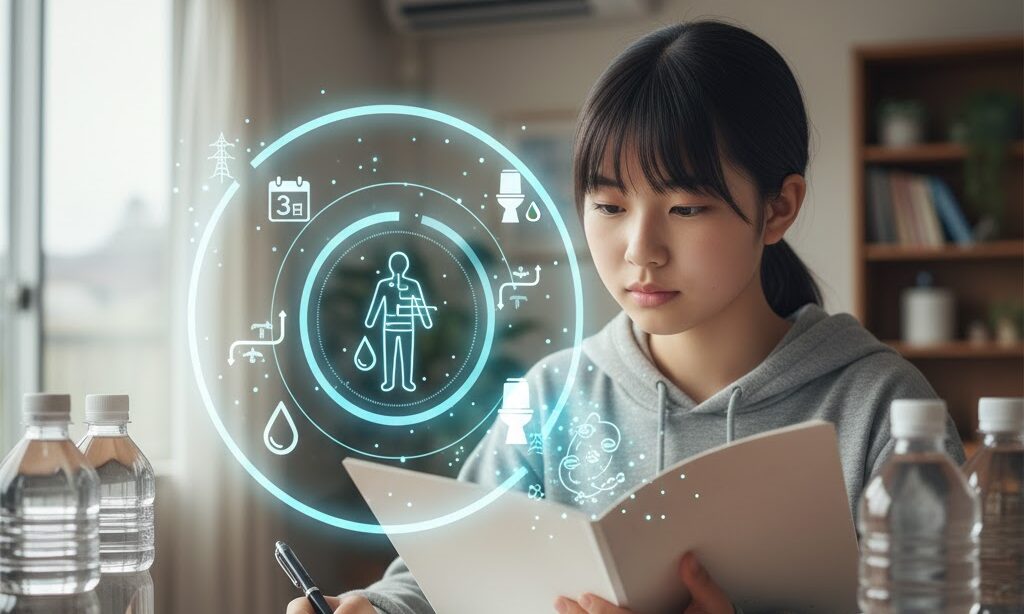 中学生が水は１日同のくらい必要か考えている様子