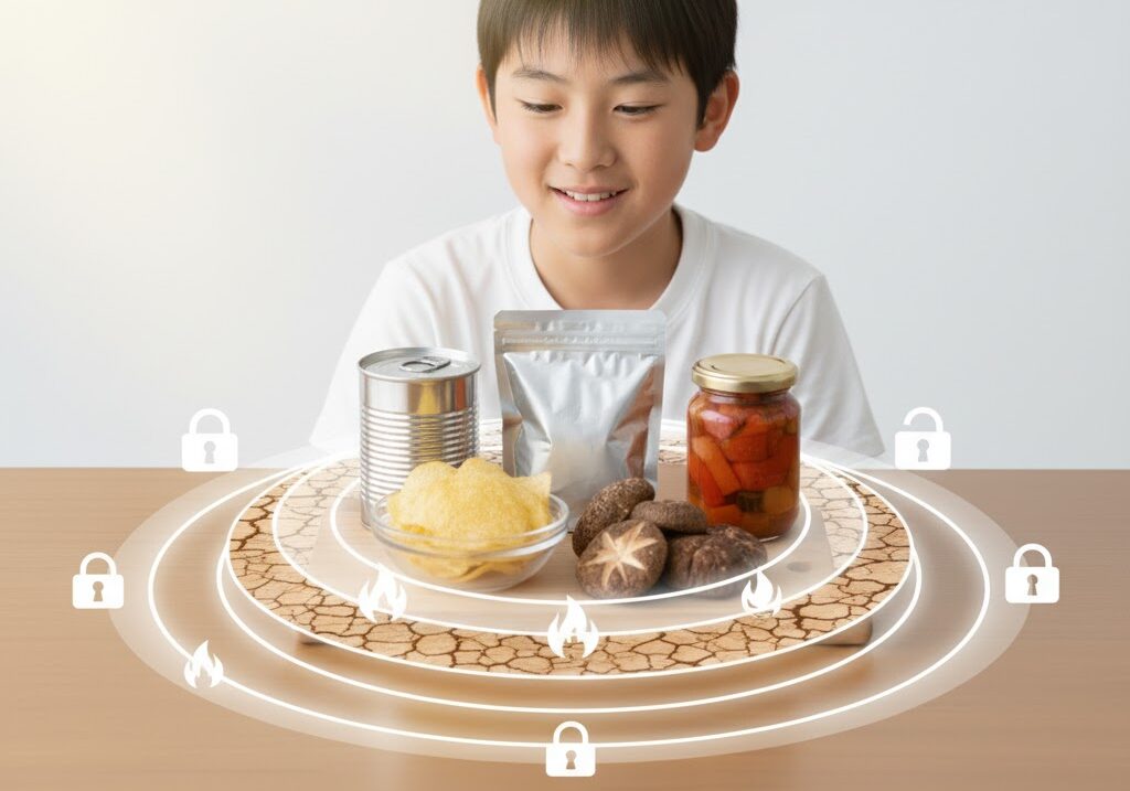 保存食の多層防衛（密封・加熱・乾燥・酸性化）をまとめて表現した実写風イメージ。腐らない仕組みの総まとめ用。