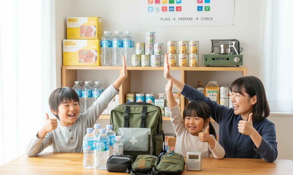 防災リュックと備蓄を整え達成感を共有する日本人家族の防災準備シーン