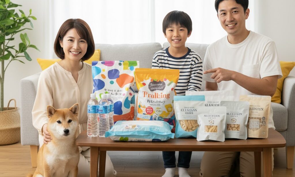 ペットフードやアレルギー対応食品を災害に備えてストックする家庭の防災備蓄イメージ写真