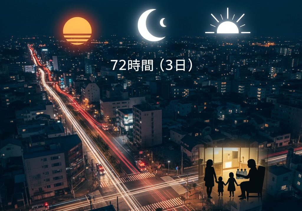 災害後72時間の救助活動を象徴する光跡と、避難者が水を備蓄して待機する様子の実写風画像
