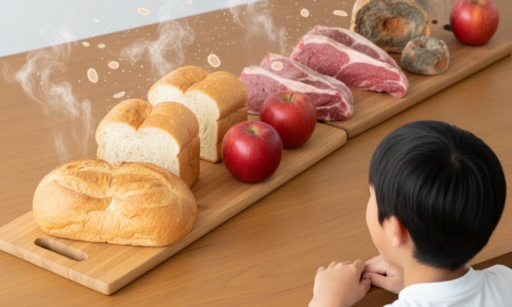 食品が腐る原因を示すため、新鮮な食品と傷んだ食品を比較して並べた写真。腐敗の仕組みを視覚的に説明するイメージ。