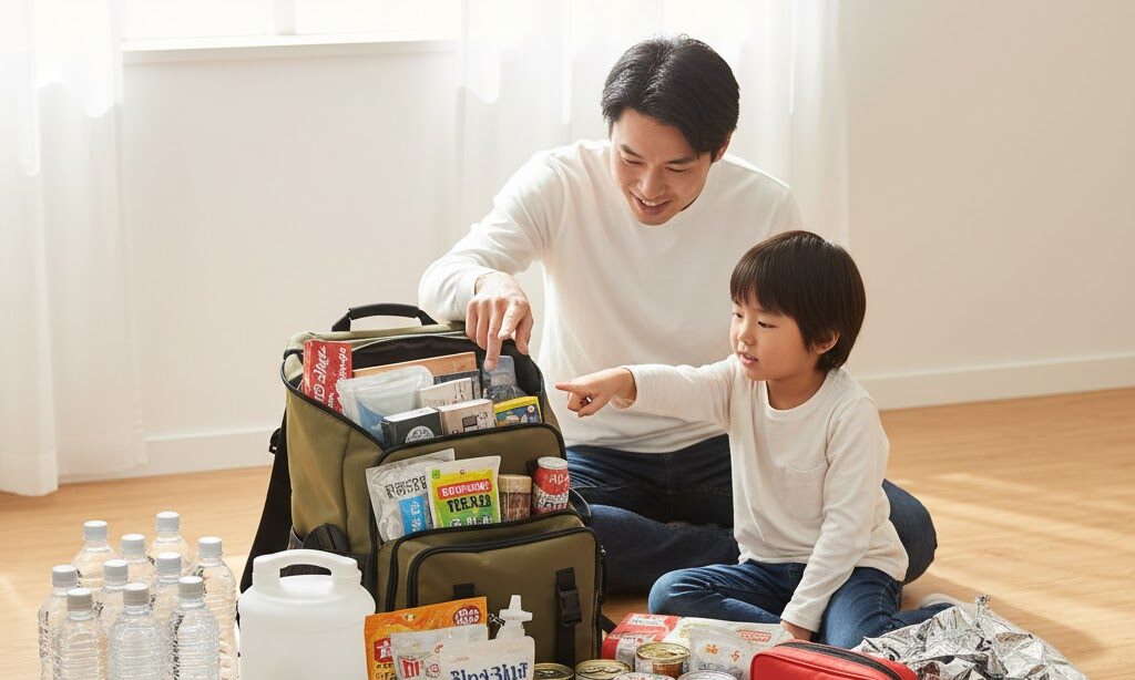 防災リュックと家庭で備える防災グッズ一式を日本人家族が確認している様子