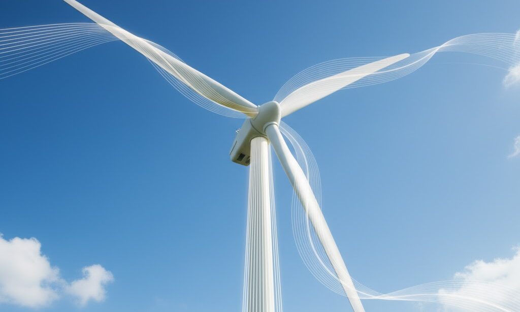 ブレード・ナセル・タワーがわかる風力発電タービンのクローズアップ写真風イメージ