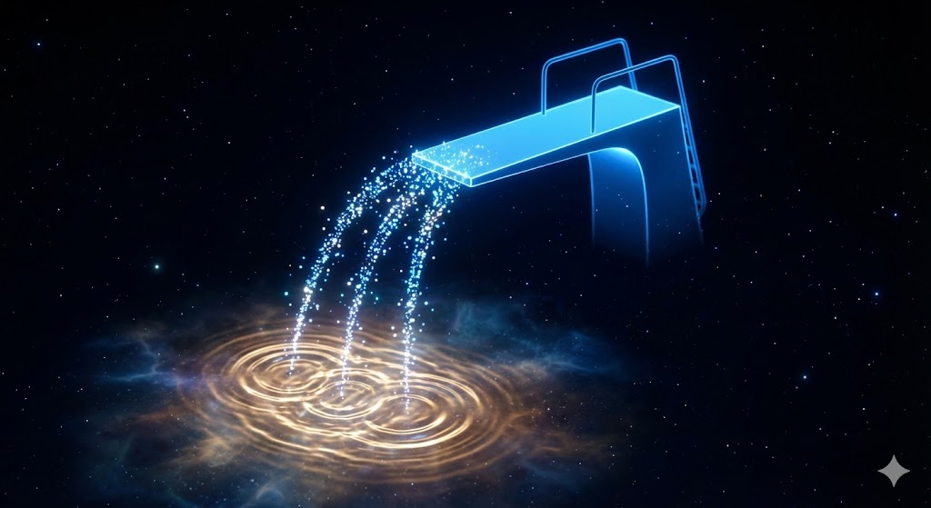 抽象的な飛び込み台から光の粒が飛び込む様子を示した実写風イメージ