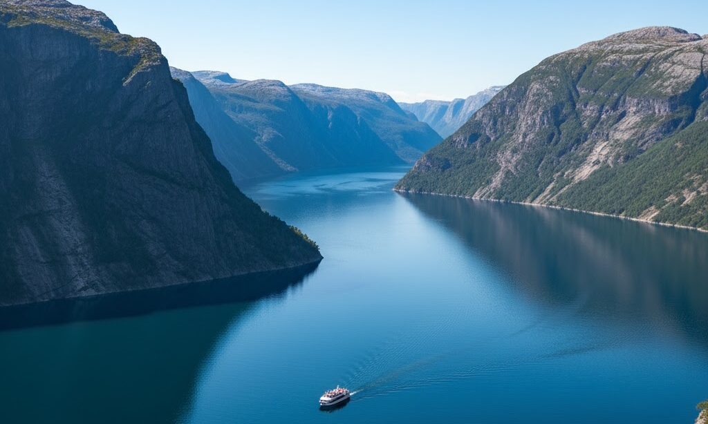 フィヨルドとは何かが分かる、深く入り込んだ湾と断崖絶壁の実写風景