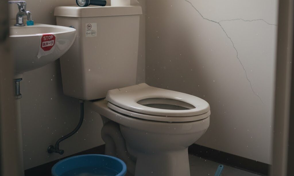 地震による断水時にトイレ使用を心配している家庭の様子"