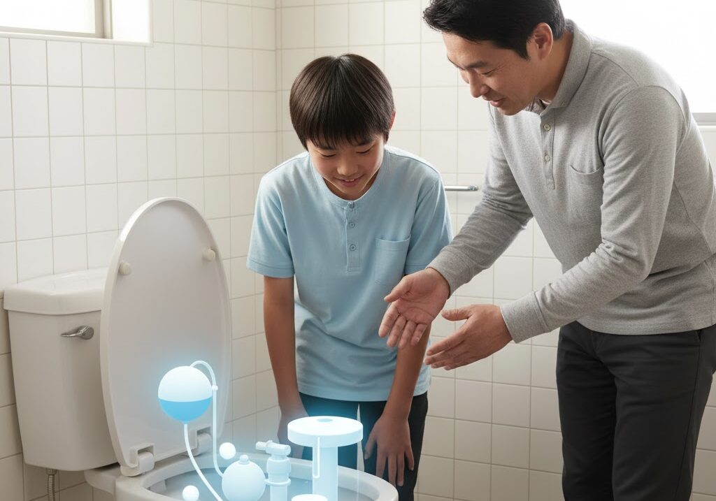 トイレタンクの中を観察する中学生と親 レバーや浮き球の仕組みを理解する学習風景