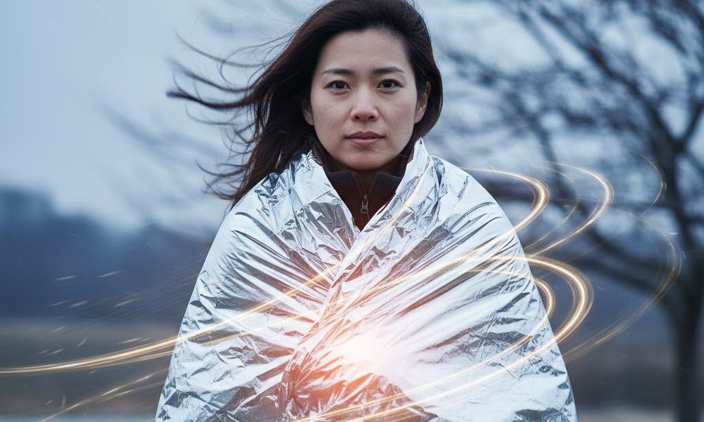 風を防ぐアルミブランケットで保温する様子 防風と熱対流の関係を示す実写風写真