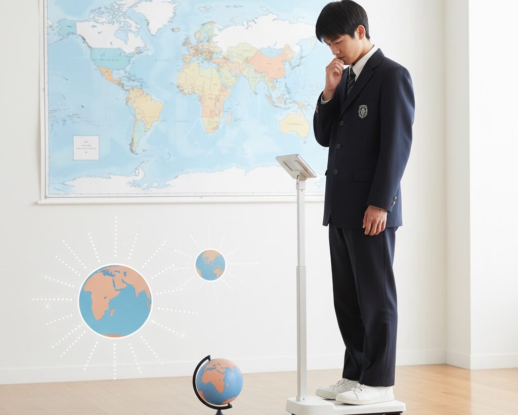 体重計に乗る中学生と赤道・極を示す地球儀で重力の違いを学ぶ様子