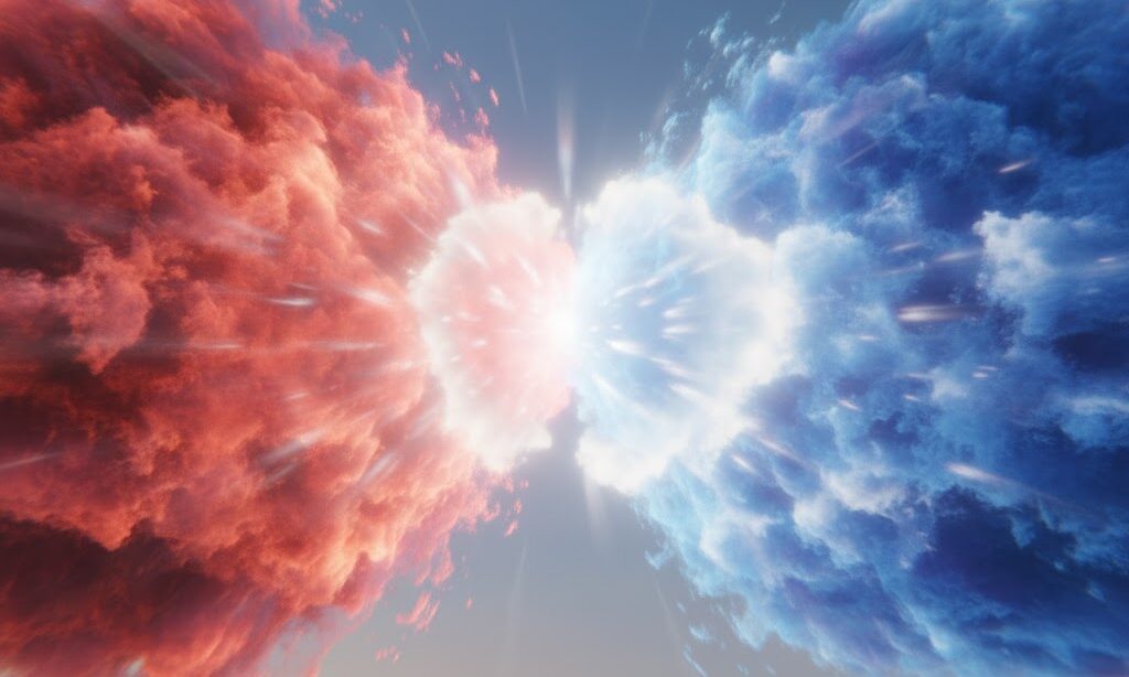 暖気と寒気がぶつかって停滞前線ができる様子の実写風イメージ