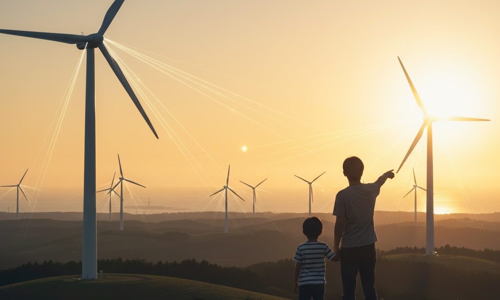 未来のエネルギーとして風力発電を眺める日本人親子の実写風イメージ